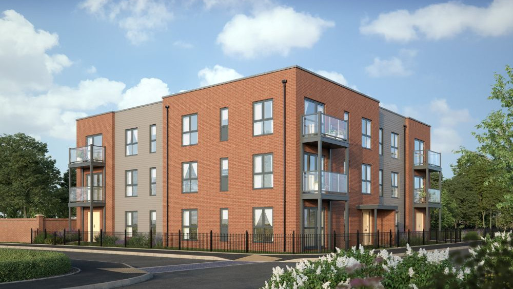 Block of flats with 3 floors and balconies with black gates surrounding