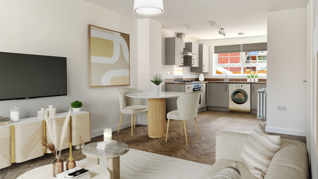 Open-plan living space with white theme, wooden flooring and furniture.