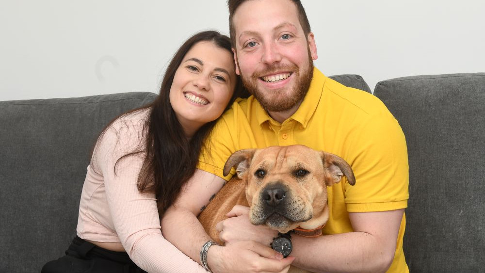 A young couple sitting on a grey sofa and smiling while hugging their dog