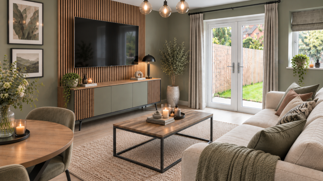 Lounge-diner with sofa, coffee table, TV unit with TV on the wall above it, dining table and chairs, wall art and French doors to a private garden with a smaller window next to it.