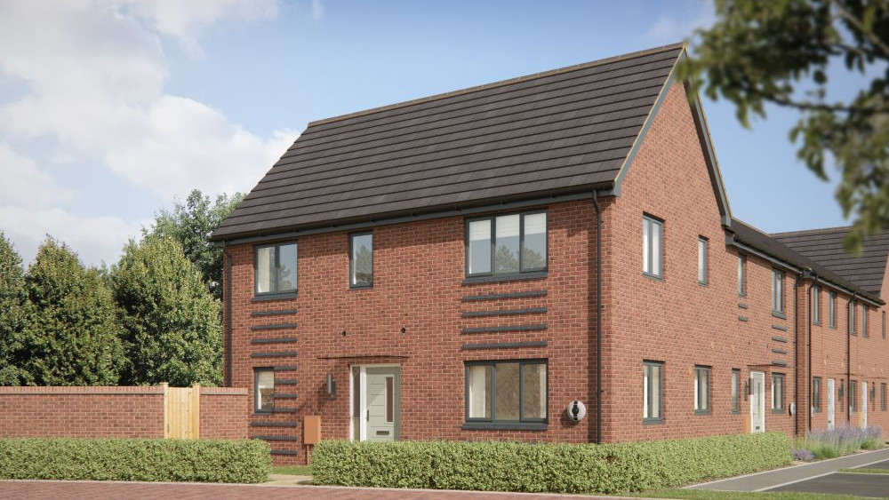 A 3-bedroom house with a light coloured front door, an electric vehicle charging point and low hedging surrounding the house