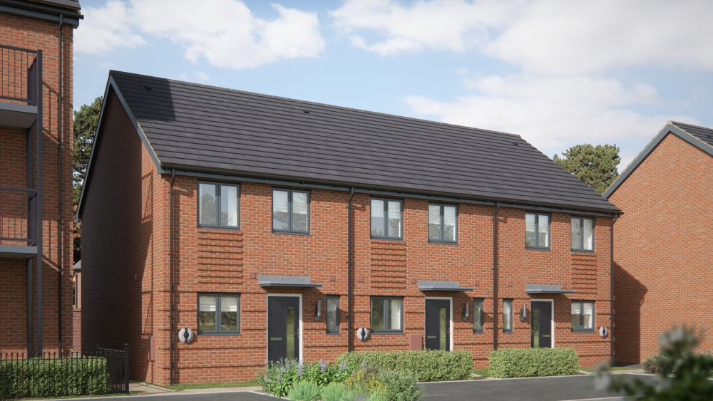 A row of 3-bed terraced houses called The Alder, with electric vehicle charging points at the front