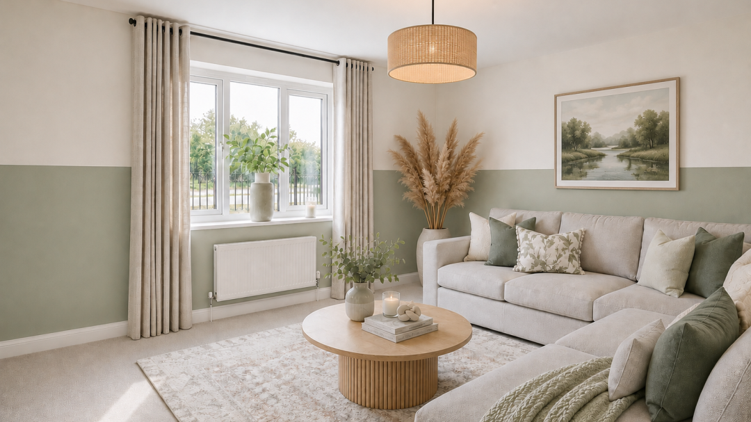 Lounge with a window, L shaped sofa, a coffee table, plants and wall art.