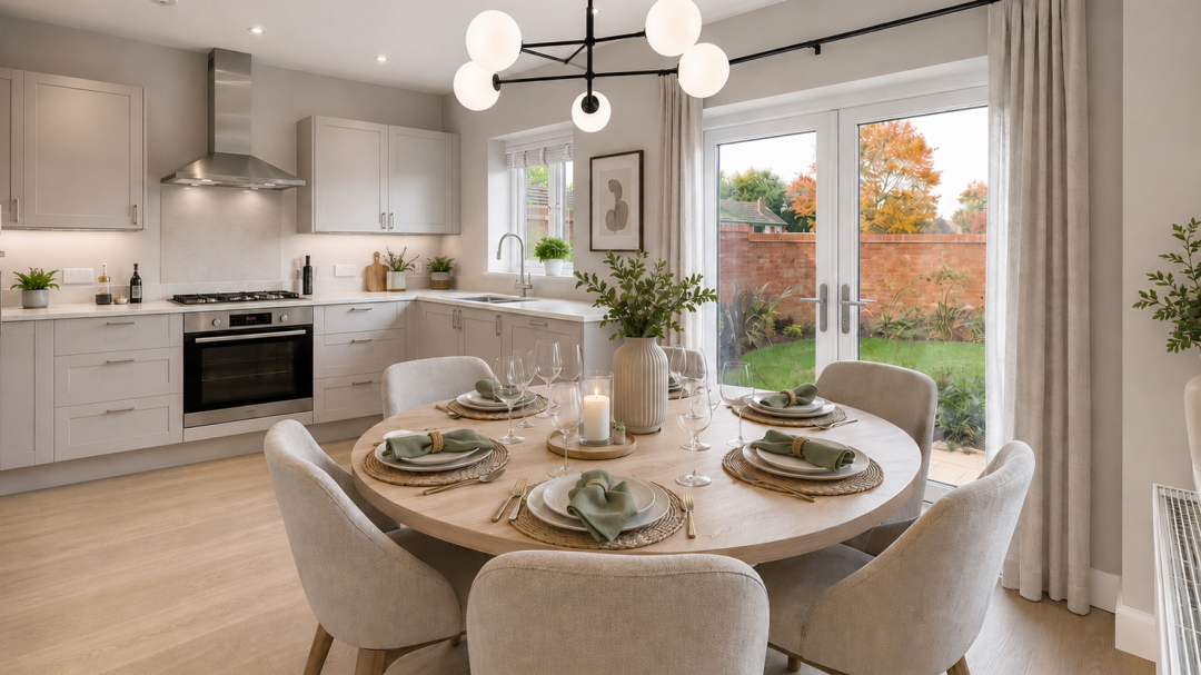 Kitchen-diner with neutral decor, a dining table with 4 chairs, window over sink and French doors to a rear garden