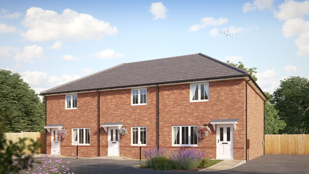 Computer generated external view of the Lockton and Baymont terraced homes with allocated parking.